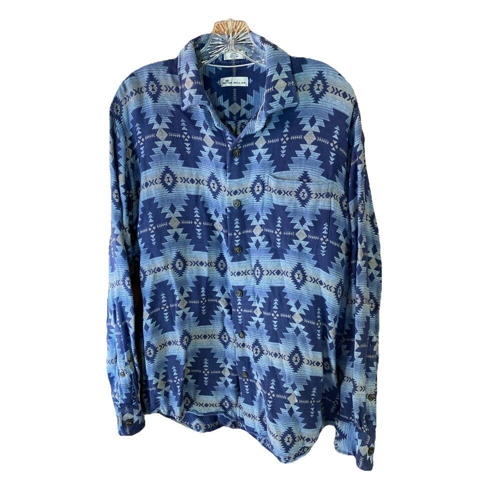 Peter Millar Aztec Shirt Mens Sz L Blue Western Southwestern Cotton Long Sleeve